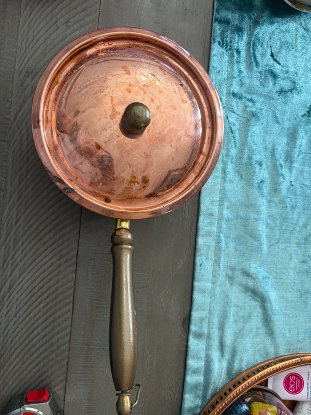 Copper Saucepan with Lid and Brown Handle